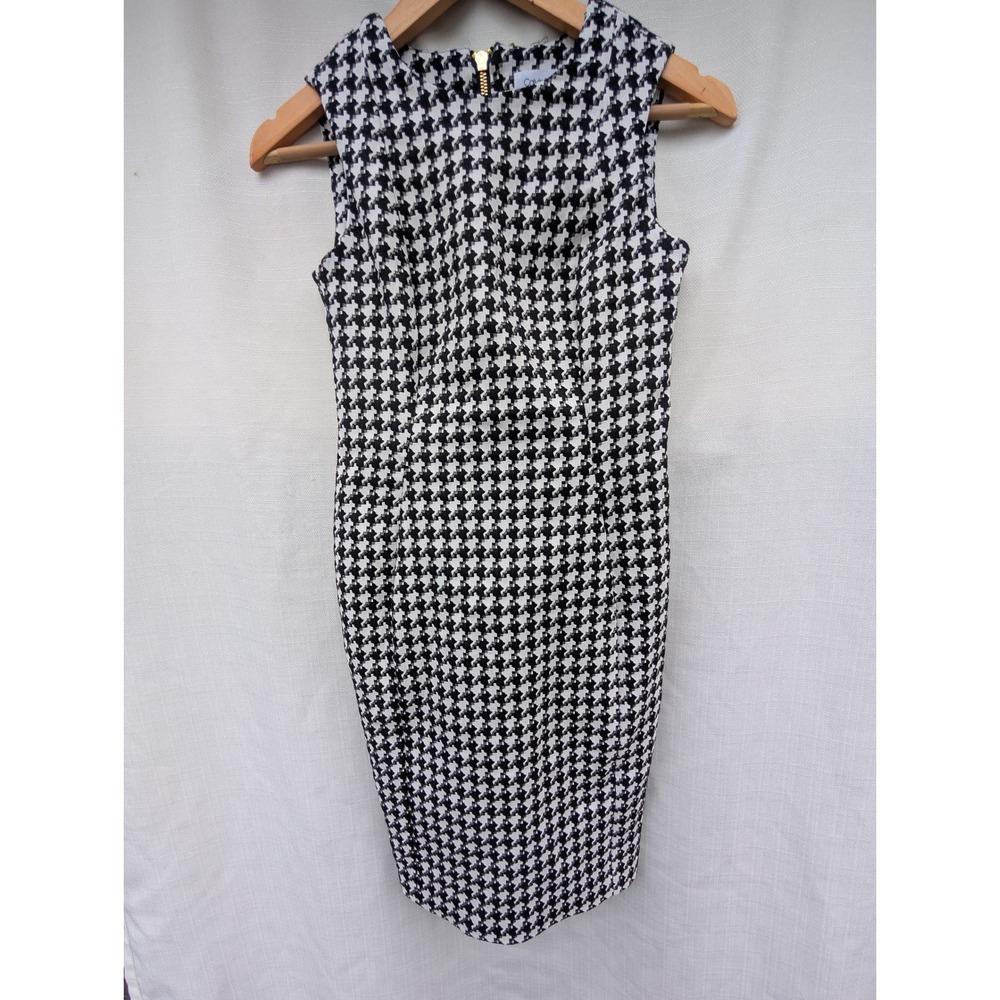 Calvin Klein Black White Houndstooth Sheath Dress 2P CDSNOW3202 BCR Gold Zipper